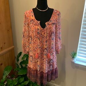 🌹As U Wish • Boho Coral Floral Spring Summer DEEP VEE Mini Dress